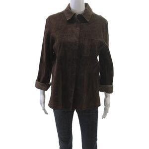 Revue Womens Brown Leather Collared Button-Up Jacket Long Sleeve Size 10